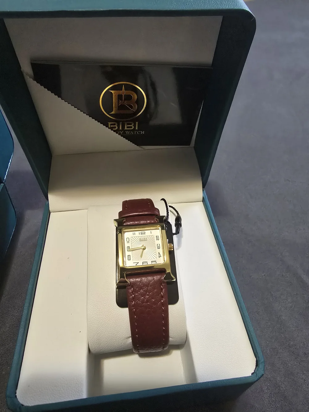 BiBi Gold-Tone Rectangular Watch with Burgundy Leather Strap